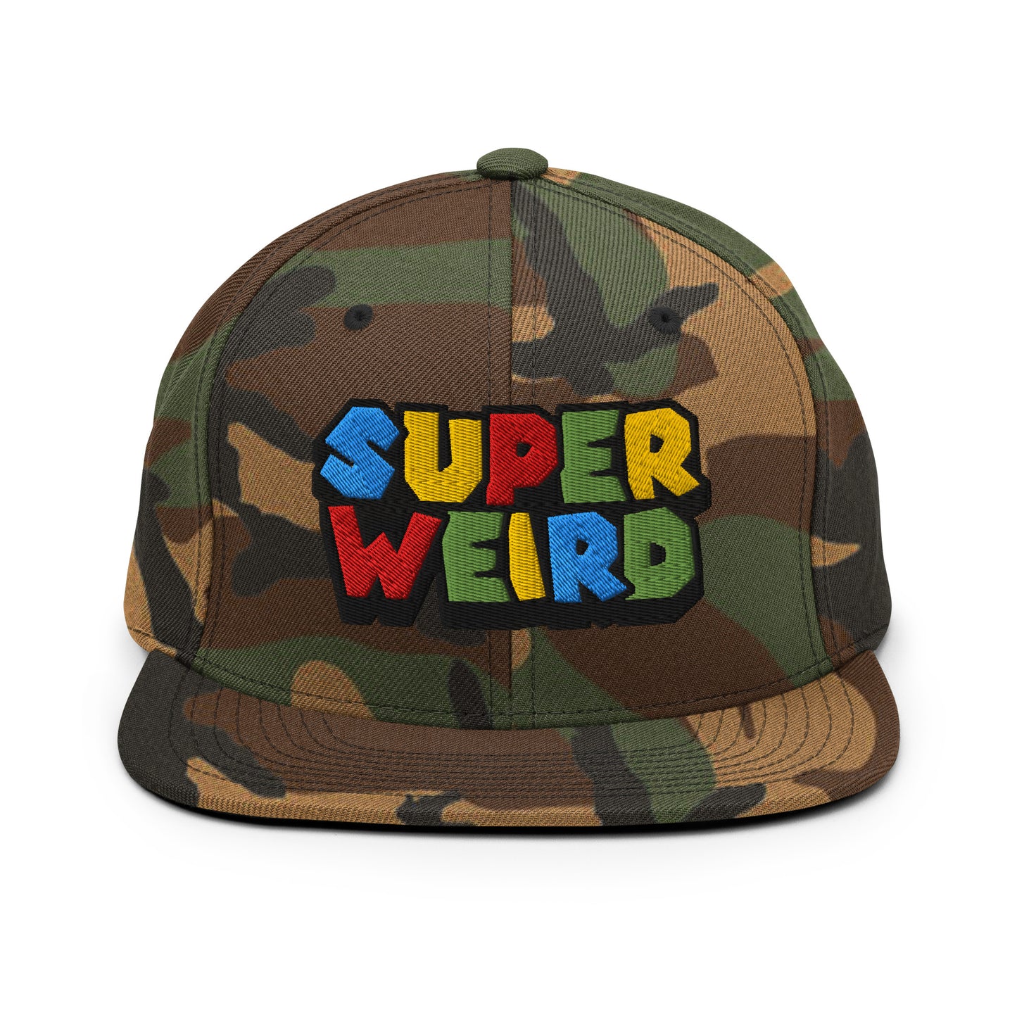 Camo-Super Weird Bros Snapback Hat from B.Different Clothing, front view, graffiti-inspired streetwear