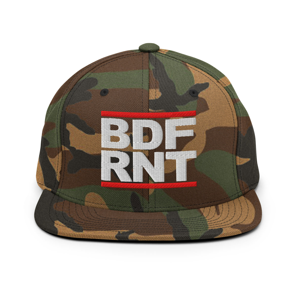 Camo-BDFRNT OG Snapback Hat from B.Different Clothing, front view, graffiti-inspired streetwear