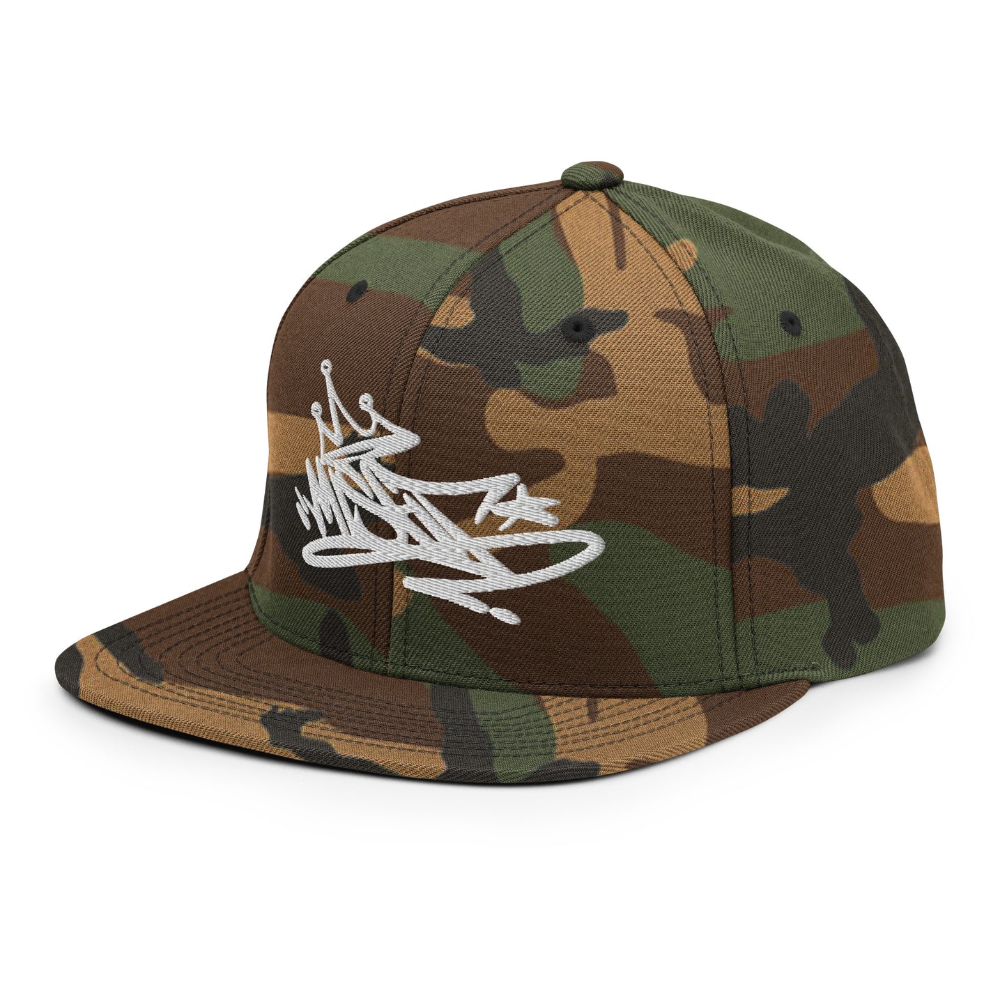 Camo-Misfit Graffiti Tag Snapback Hat from B.Different Clothing, 3/4 left view, graffiti-inspired streetwear