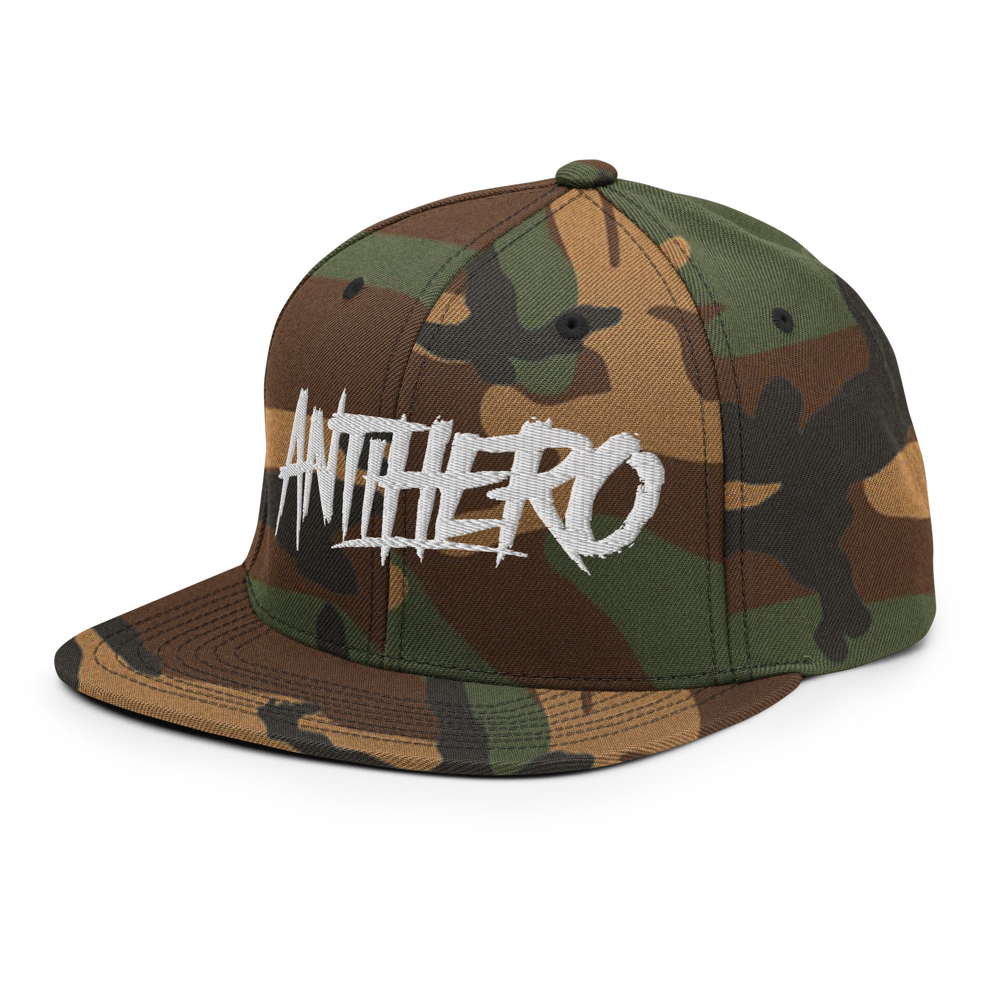 Camo-Antihero Graffiti Tag Snapback Hat from B.Different Clothing, 3/4 left view, graffiti-inspired streetwear