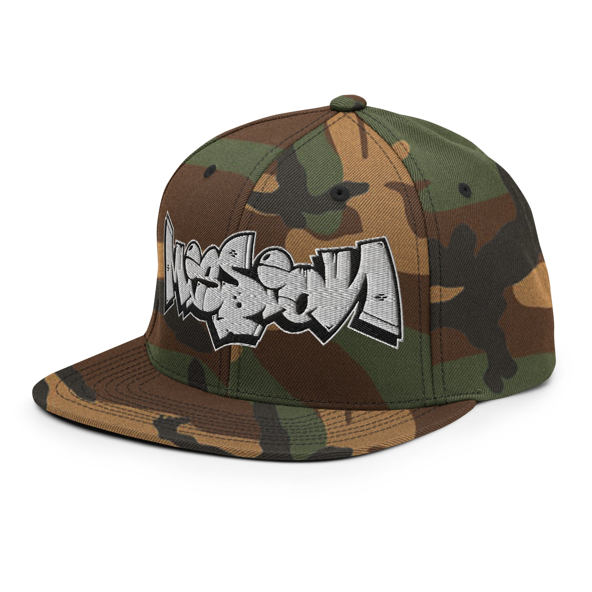 Camo-Mission Graffiti Piece Snapback Hat from B.Different Clothing, 3/4 left view, graffiti-inspired streetwear