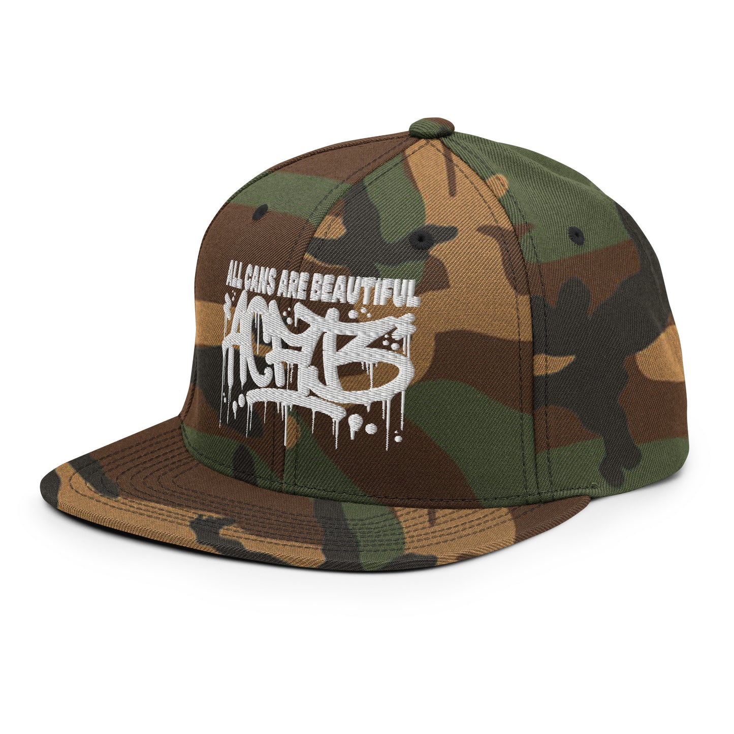 Camo-ACAB Graffiti Tag Snapback Hat from B.Different Clothing, 3/4 left view, graffiti-inspired streetwear