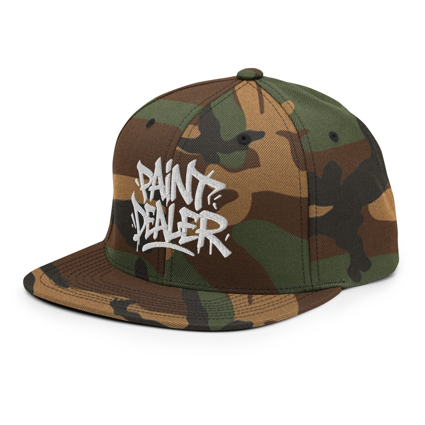 Camo-Paint Dealer Graffiti Tag Snapback Hat from B.Different Clothing, 3/4 left view, graffiti-inspired streetwear