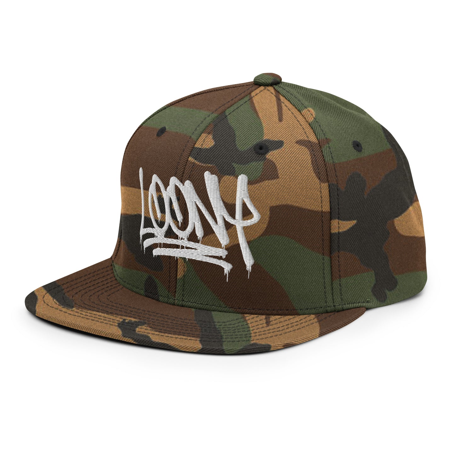 Camo-Loony Graffiti Tag Snapback Hat from B.Different Clothing, 3/4 left view, graffiti-inspired streetwear