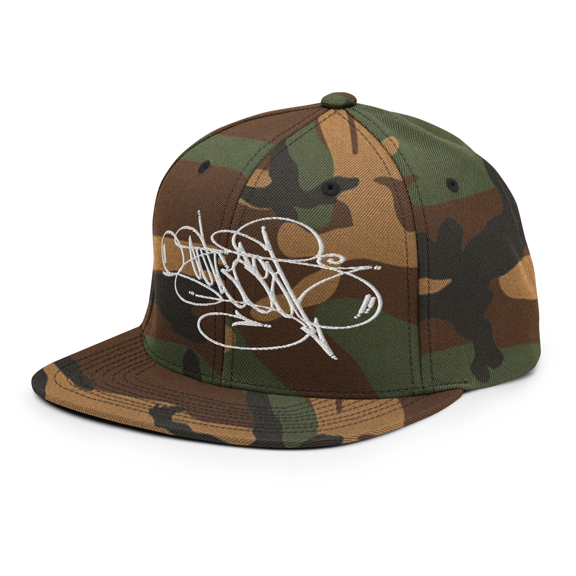 Camo-Outcast Tag Snapback Hat by Graffiti Dad from B.Different Clothing, 3/4 left view, graffiti-inspired streetwear