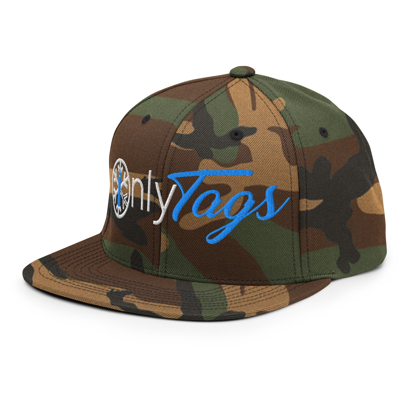 Camo-Only Tags Graffiti Snapback Hat from B.Different Clothing, 3/4 left view, graffiti-inspired streetwear