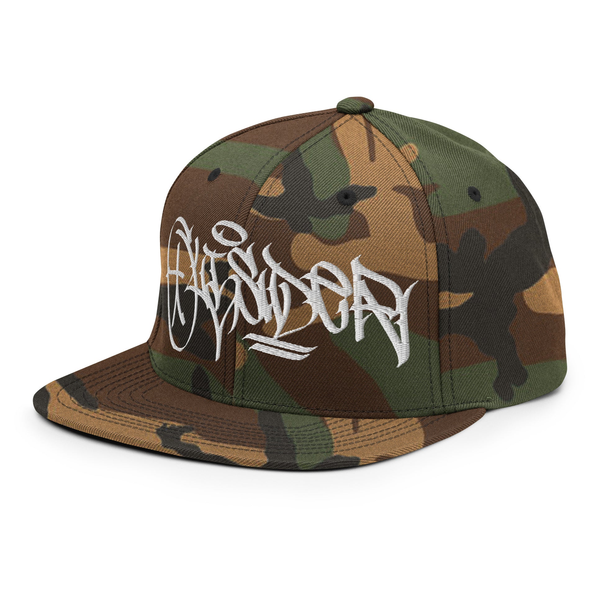 Camo-Outsider Graffiti Tag Snapback Hat by Caos One from B.Different Clothing, 3/4 left view, graffiti-inspired streetwear