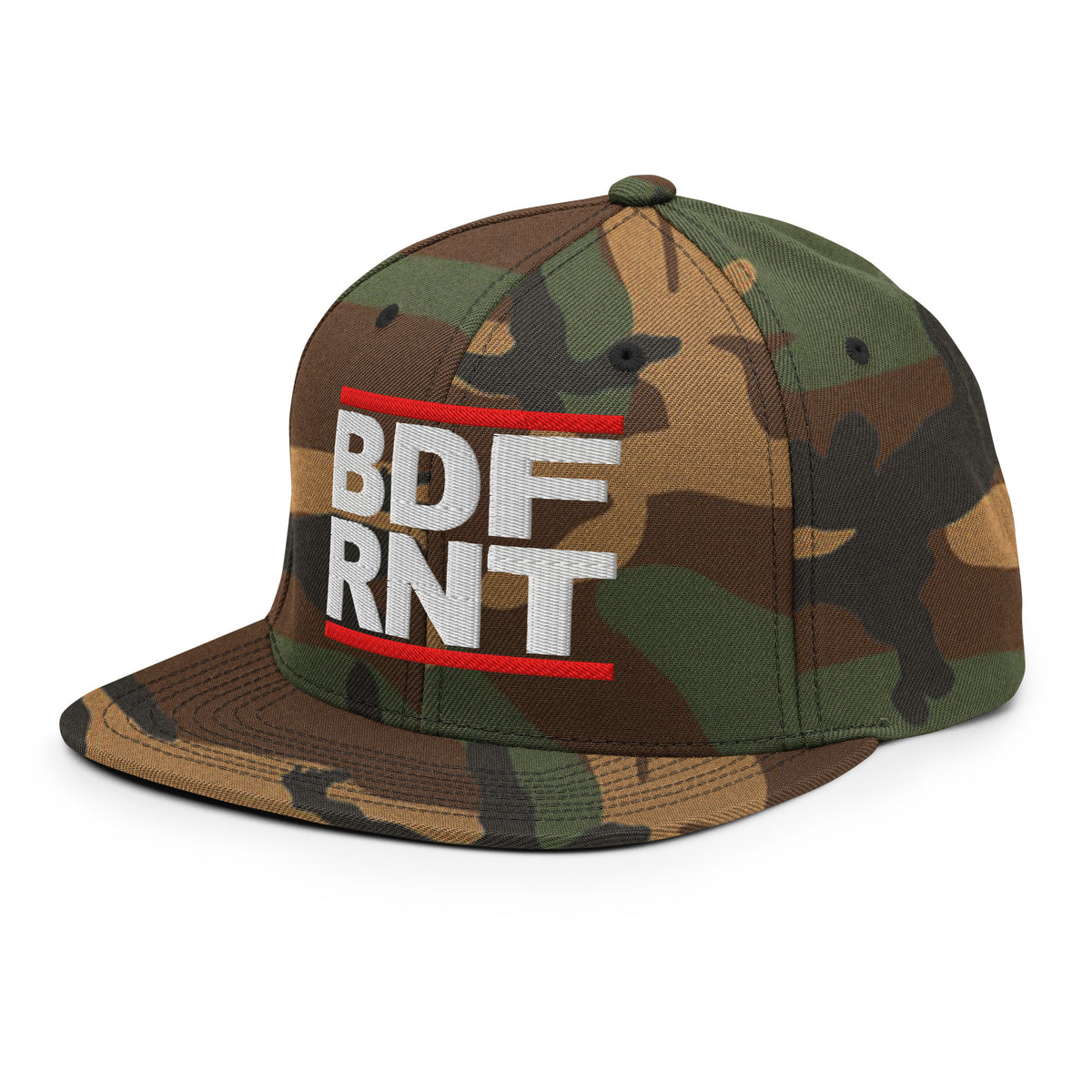 Camo-BDFRNT OG Snapback Hat from B.Different Clothing, left front, graffiti-inspired streetwear