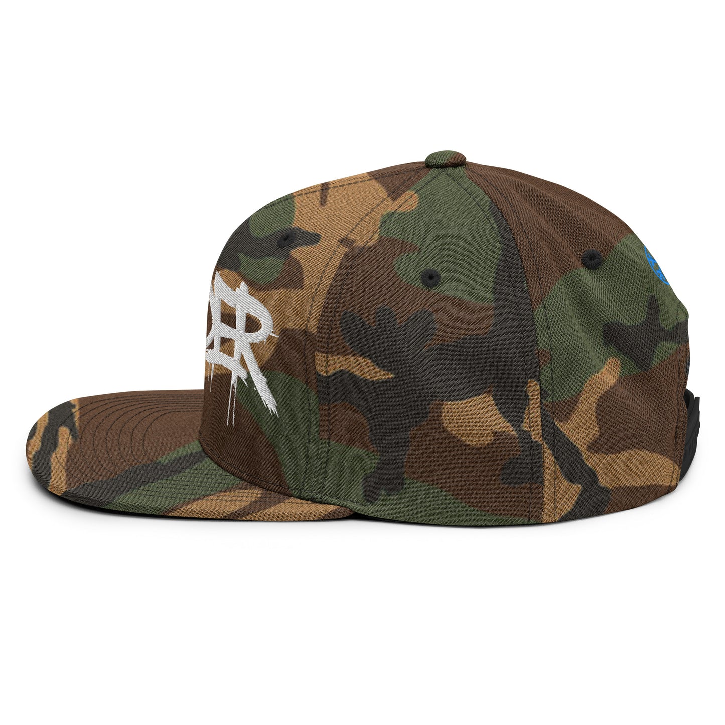 Camo-Outsider Graffiti Tag Snapback Hat from B.Different Clothing, left view, graffiti-inspired streetwear