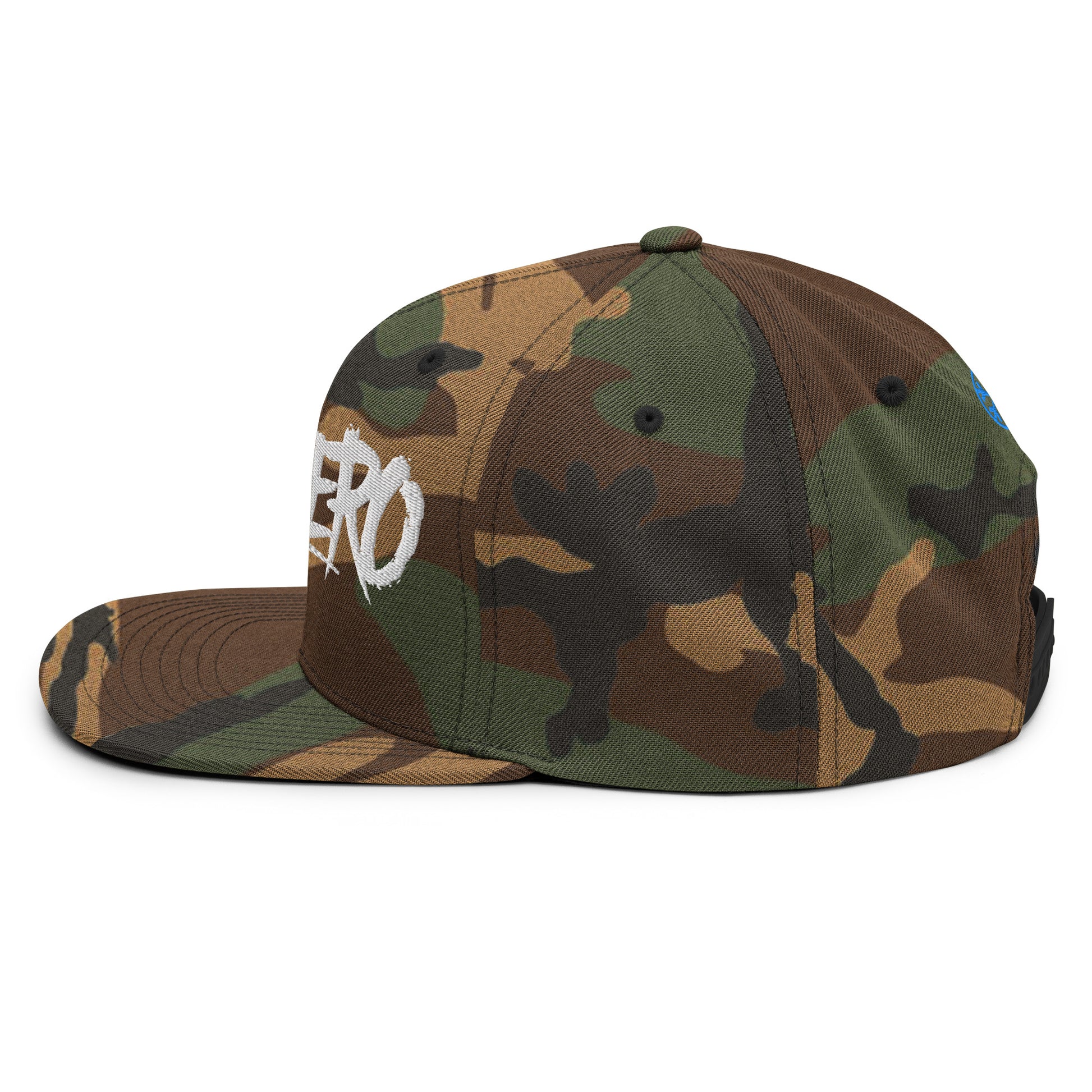 Camo-Antihero Graffiti Tag Snapback Hat from B.Different Clothing, left view, graffiti-inspired streetwear