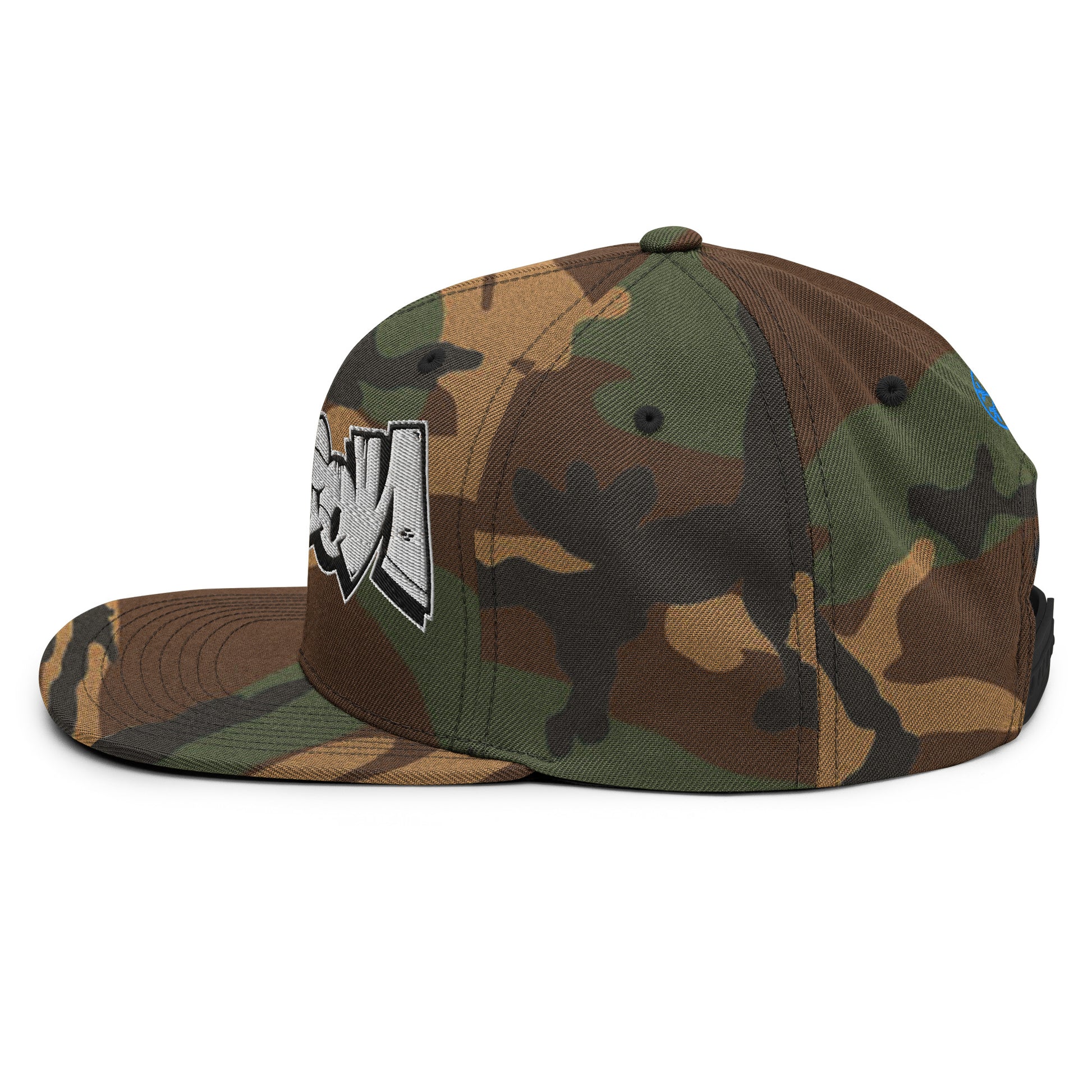 Camo-Mission Graffiti Piece Snapback Hat from B.Different Clothing, left view, graffiti-inspired streetwear