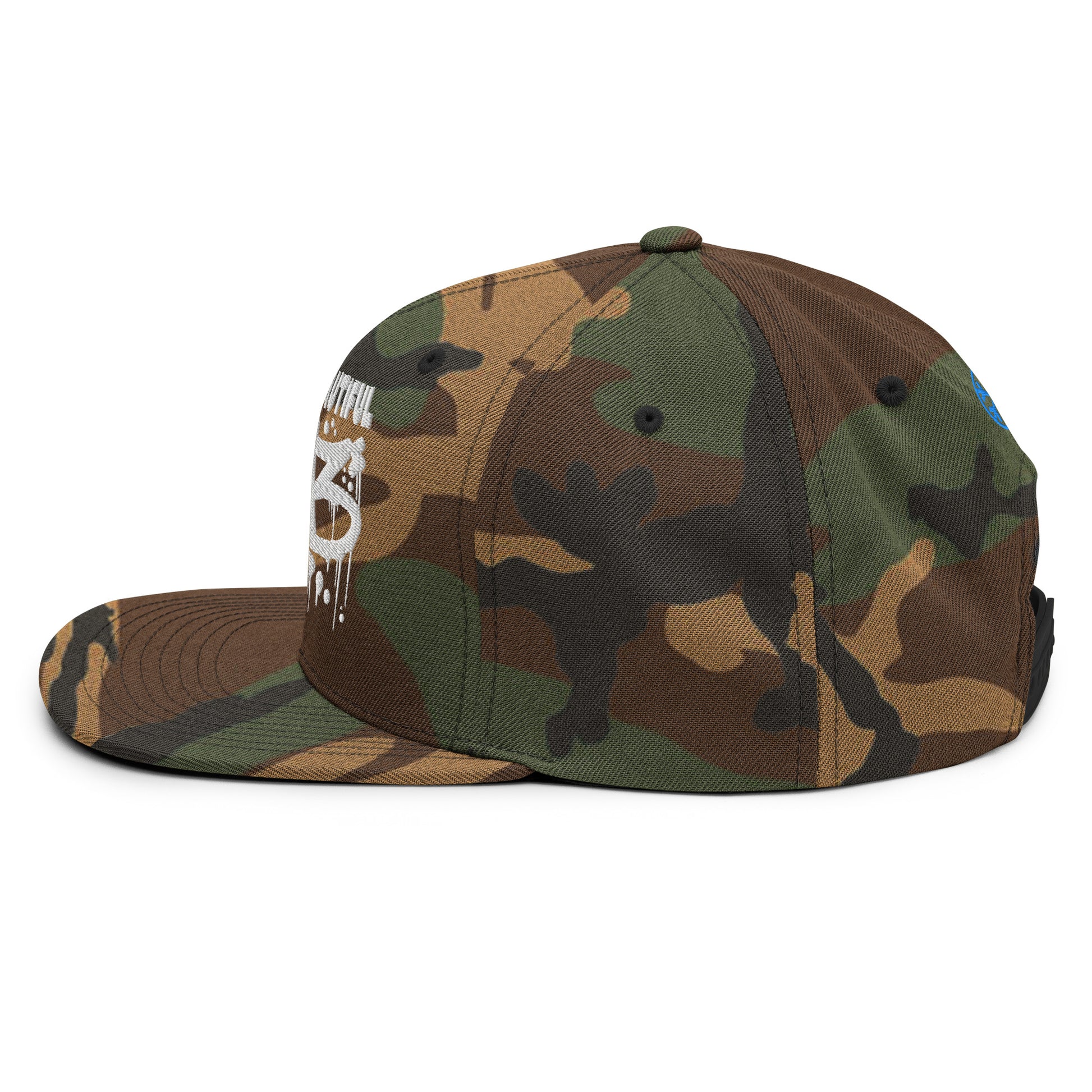 Camo-ACAB Graffiti Tag Snapback Hat from B.Different Clothing, left view, graffiti-inspired streetwear