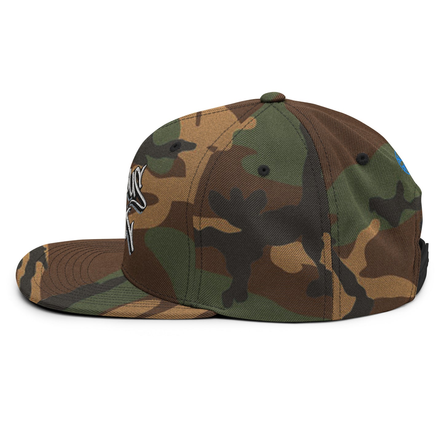 Camo-Obnoxious Freak Graffiti Snapback Hat from B.Different Clothing, left view, graffiti-inspired streetwear