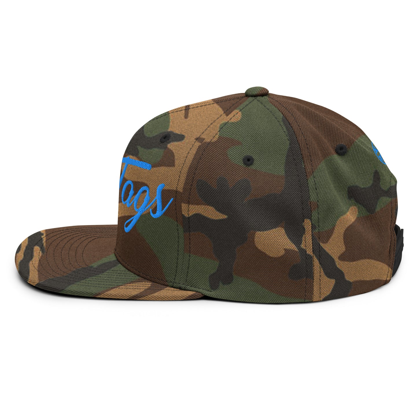 Camo-Only Tags Graffiti Snapback Hat from B.Different Clothing, left view, graffiti-inspired streetwear