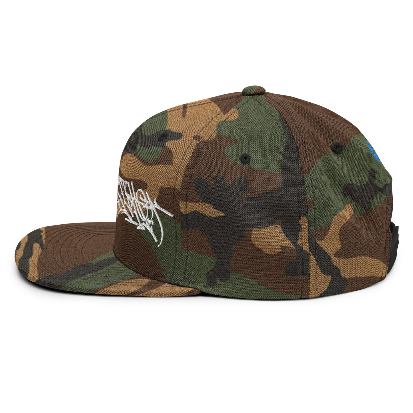 Camo-Shew Collab Graffiti Snapback Hat from B.Different Clothing, left view, graffiti-inspired streetwear
