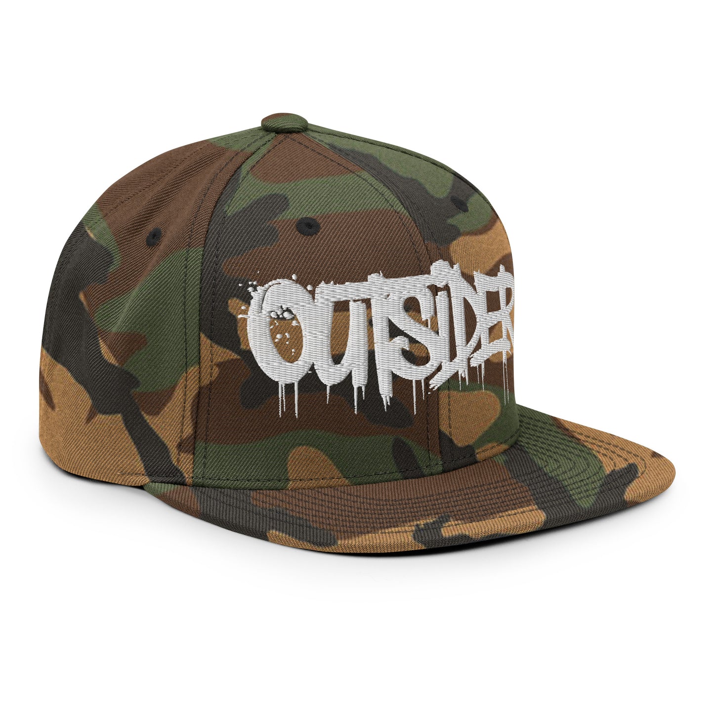 Camo-Outsider Graffiti Tag Snapback Hat from B.Different Clothing, 3/4 right view, graffiti-inspired streetwear