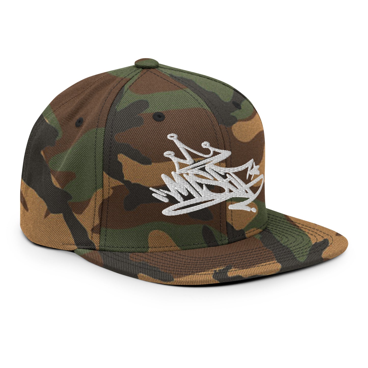 Camo-Misfit Graffiti Tag Snapback Hat from B.Different Clothing, 3/4 right view, graffiti-inspired streetwear