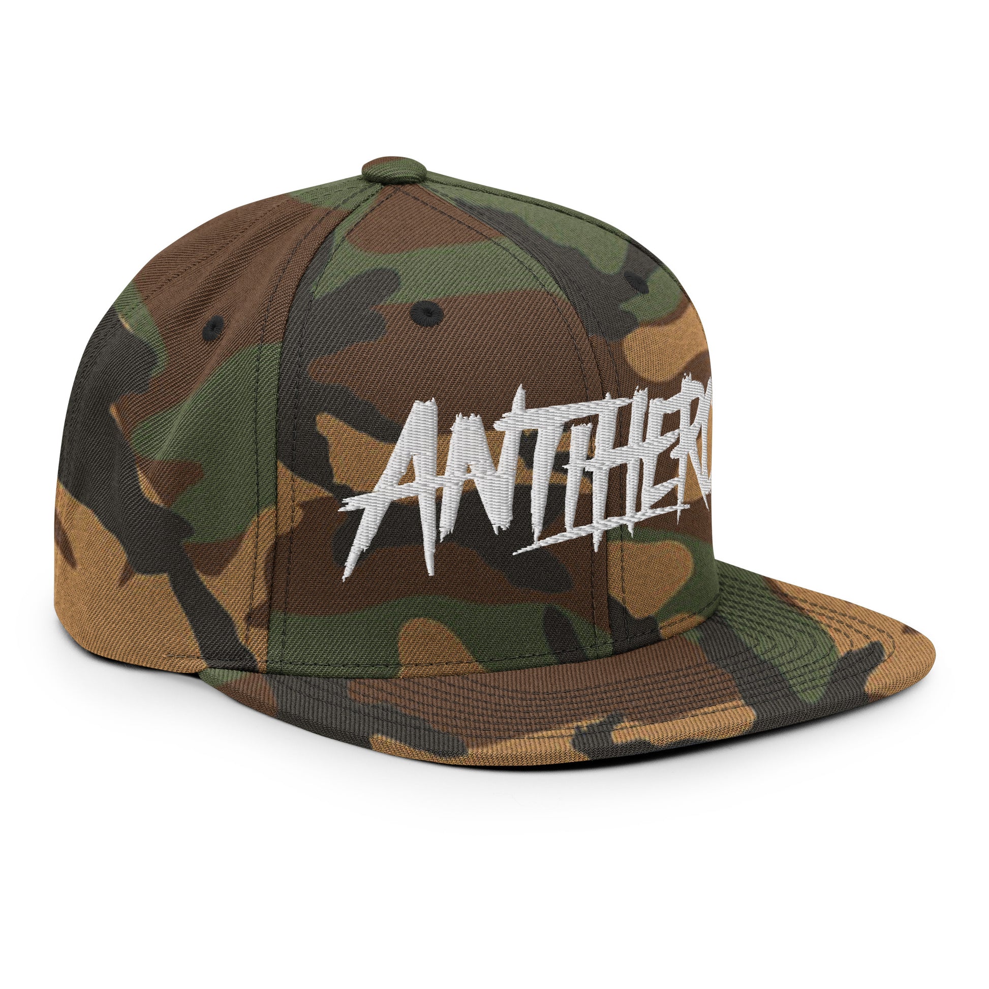 Camo-Antihero Graffiti Tag Snapback Hat from B.Different Clothing, 3/4 right view, graffiti-inspired streetwear