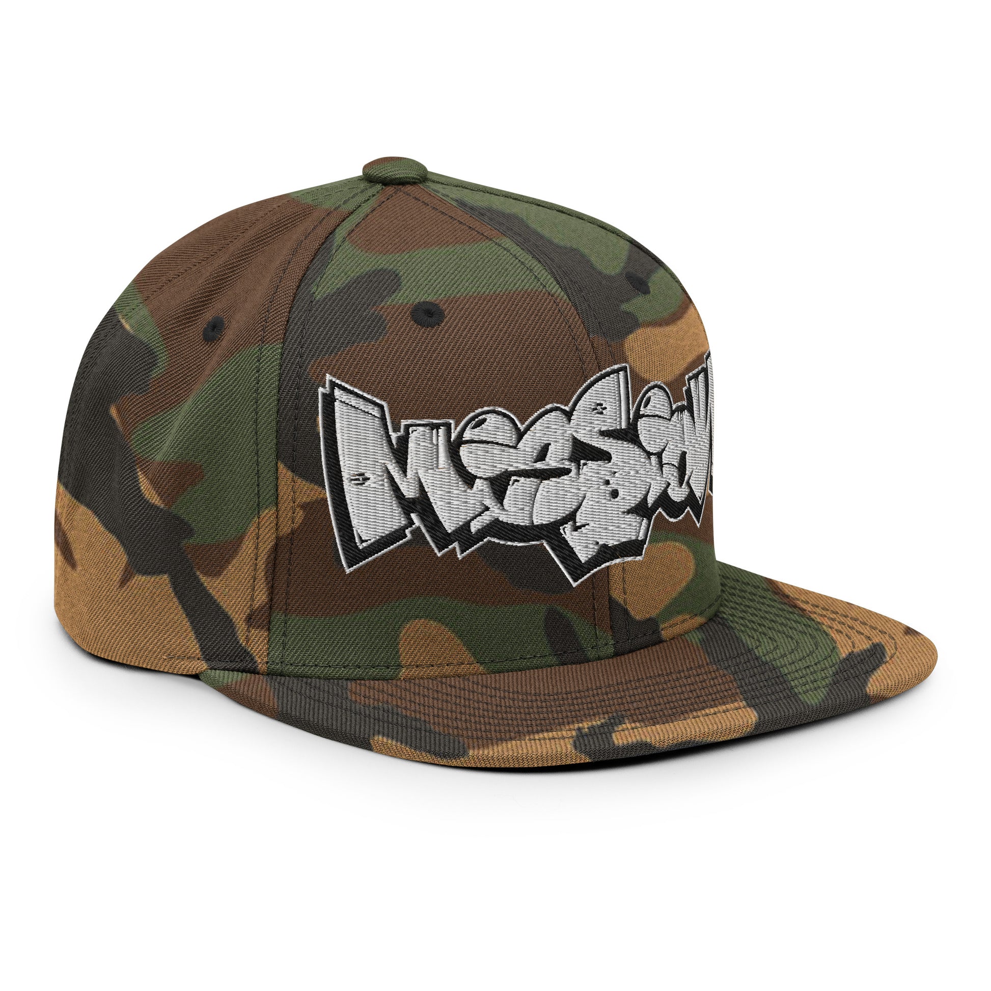 Camo-Mission Graffiti Piece Snapback Hat from B.Different Clothing, 3/4 right view, graffiti-inspired streetwear