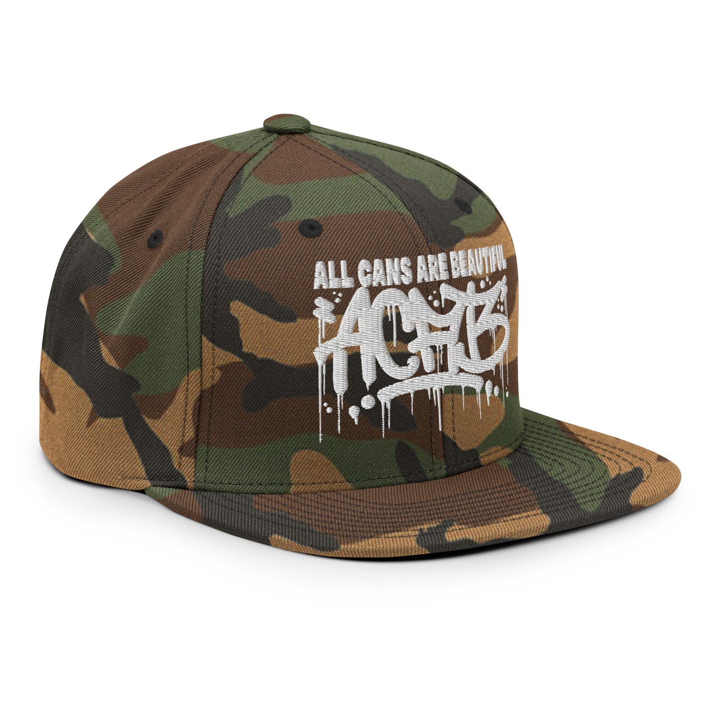 Camo-ACAB Graffiti Tag Snapback Hat from B.Different Clothing, 3/4 right view, graffiti-inspired streetwear