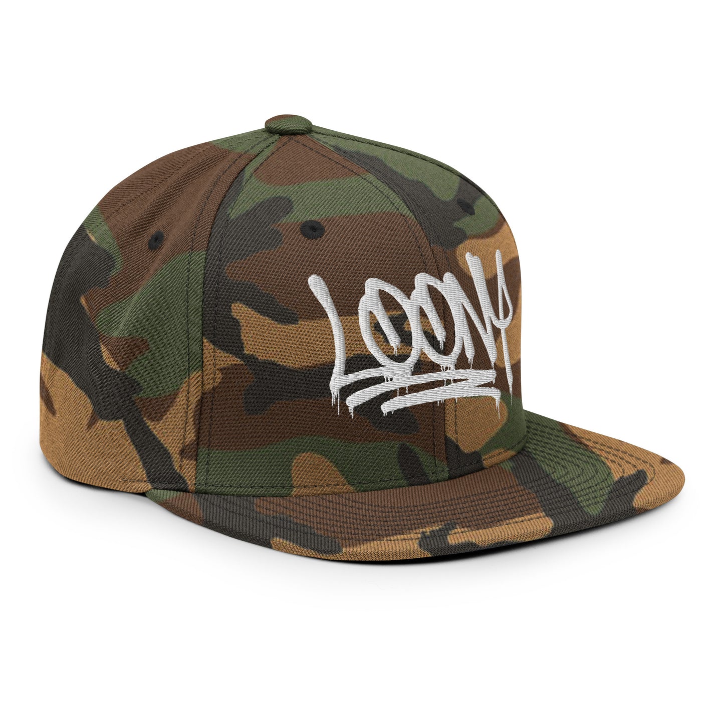 Camo-Loony Graffiti Tag Snapback Hat from B.Different Clothing, 3/4 right view, graffiti-inspired streetwear