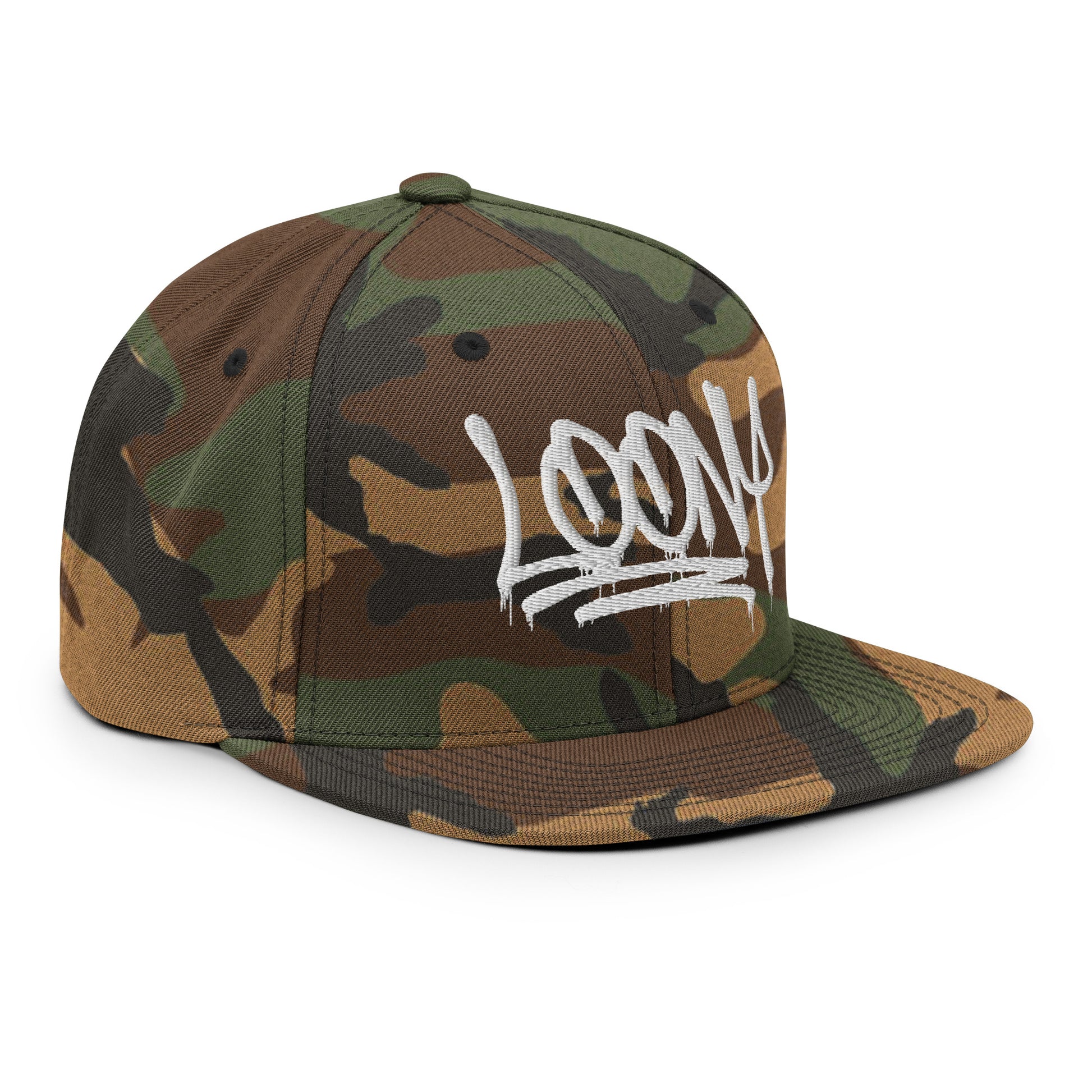 Camo-Loony Graffiti Tag Snapback Hat from B.Different Clothing, 3/4 right view, graffiti-inspired streetwear