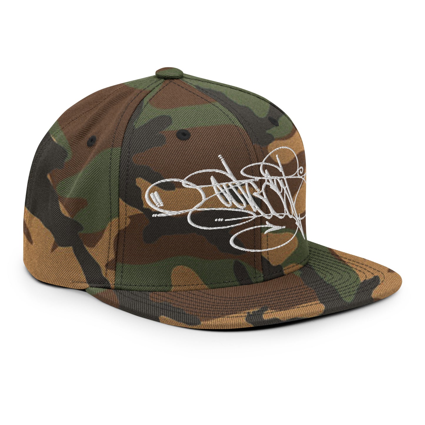 Camo-Outcast Tag Snapback Hat by Graffiti Dad from B.Different Clothing, 3/4 right view, graffiti-inspired streetwear