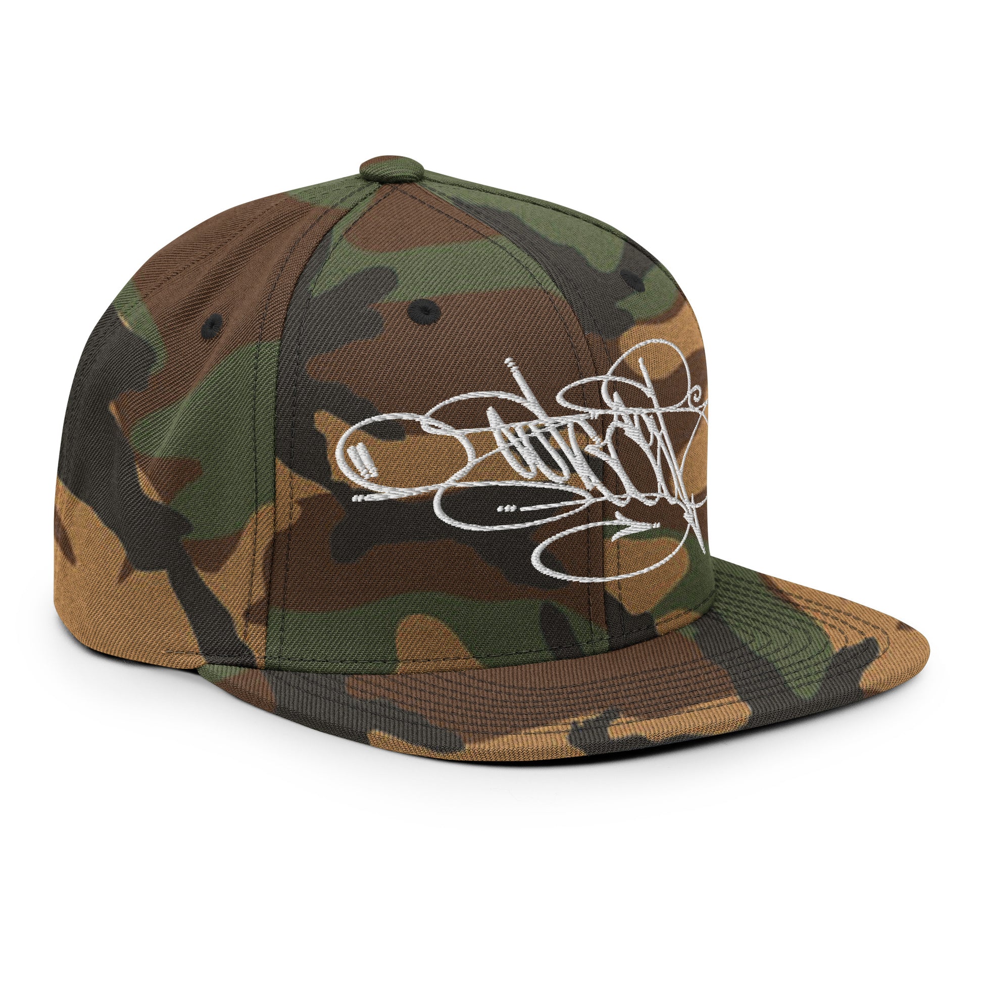 Camo-Outcast Tag Snapback Hat by Graffiti Dad from B.Different Clothing, 3/4 right view, graffiti-inspired streetwear