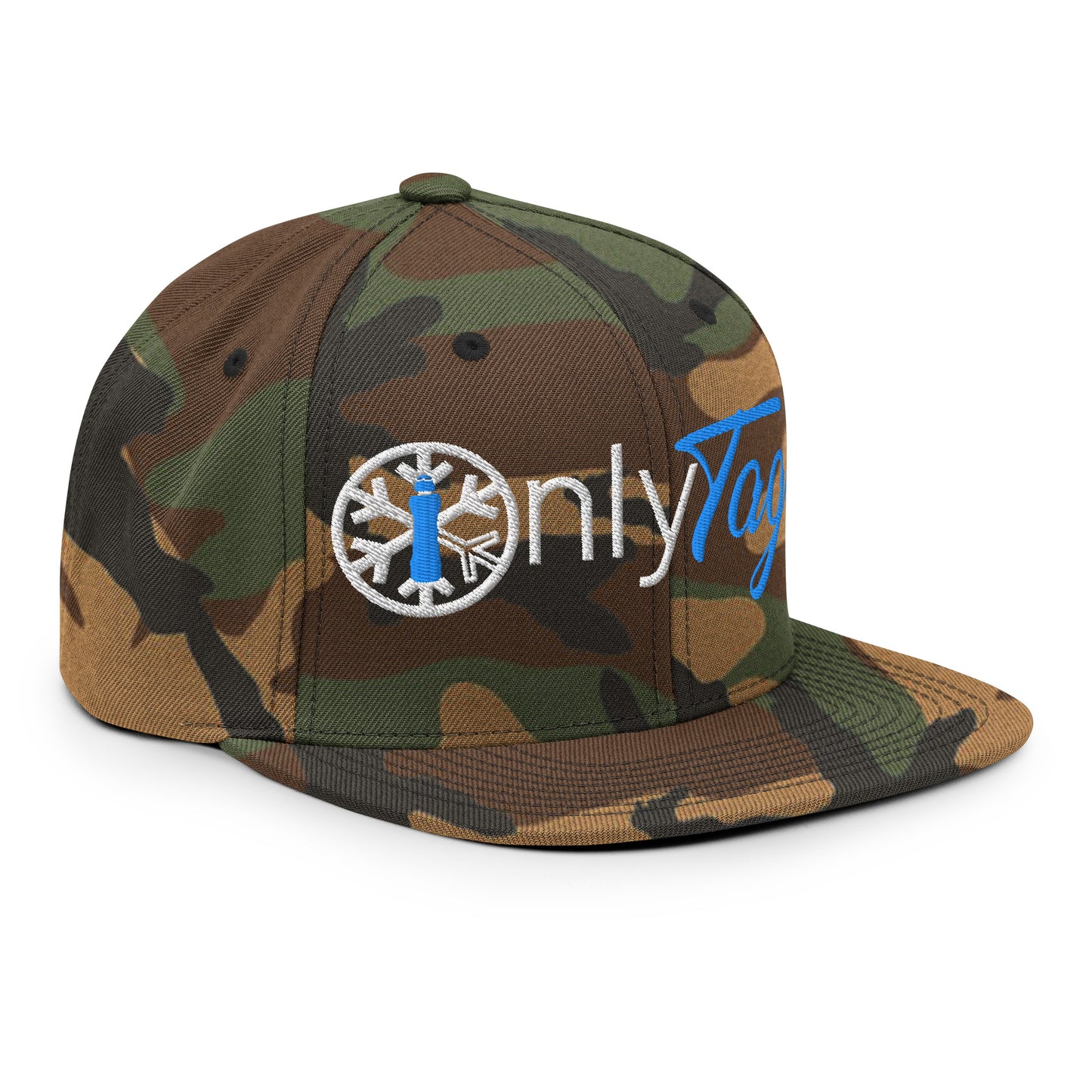 Camo-Only Tags Graffiti Snapback Hat from B.Different Clothing, 3/4 right view, graffiti-inspired streetwear