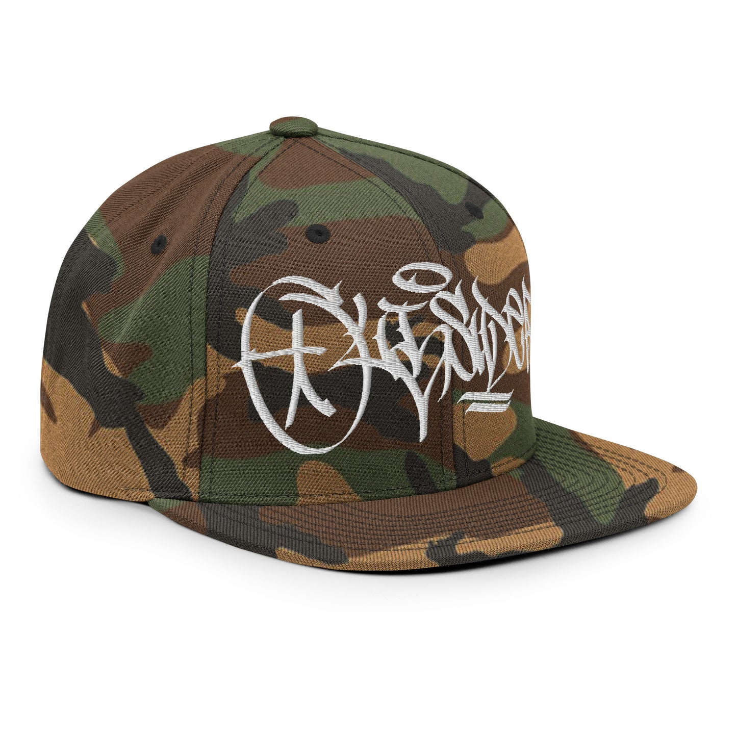 Camo-Outsider Graffiti Tag Snapback Hat by Caos One from B.Different Clothing, 3/4 right view, graffiti-inspired streetwear