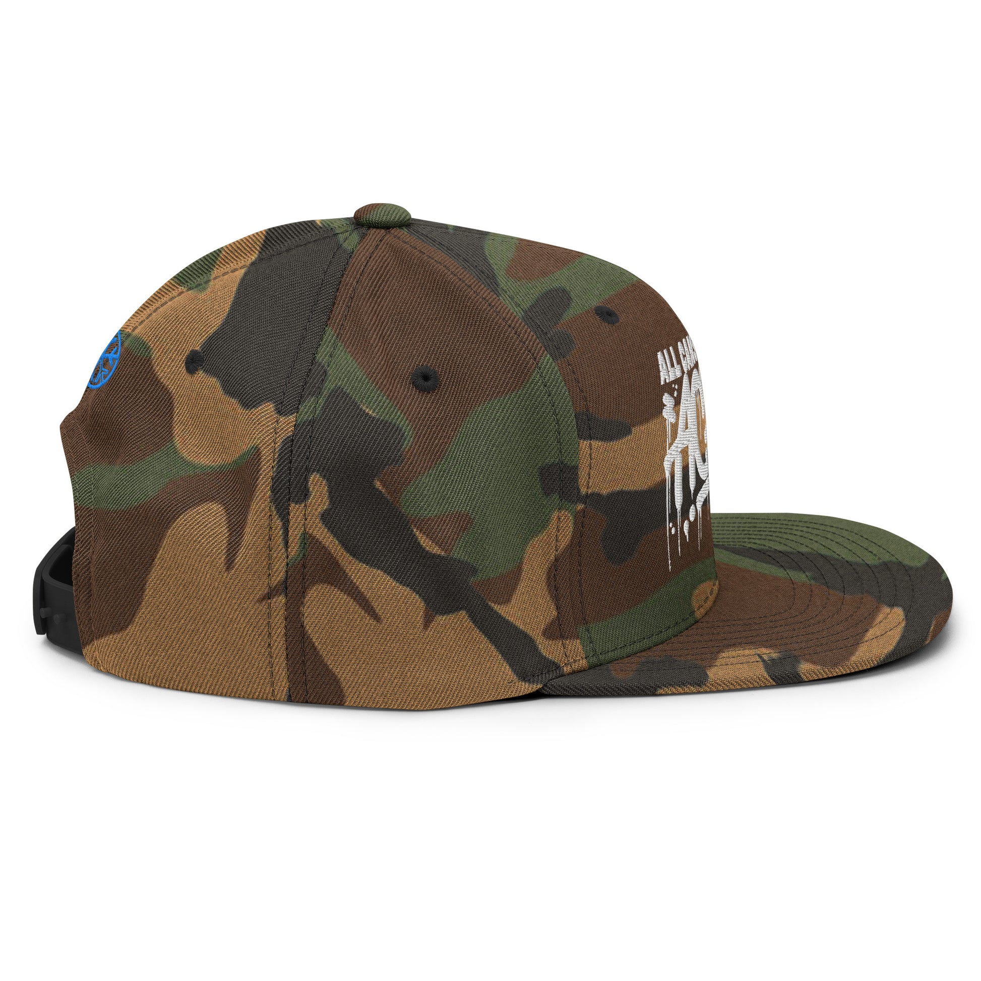 Camo-ACAB Graffiti Tag Snapback Hat from B.Different Clothing, right view, graffiti-inspired streetwear