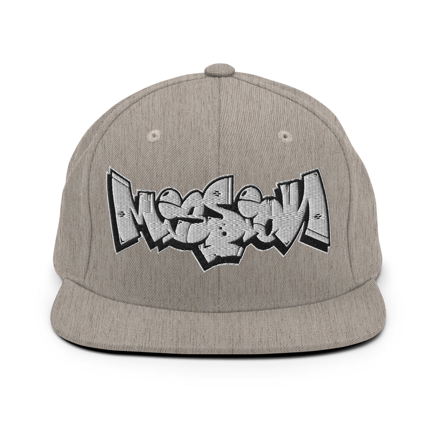 Gray-Mission Graffiti Piece Snapback Hat from B.Different Clothing, front view, graffiti-inspired streetwear