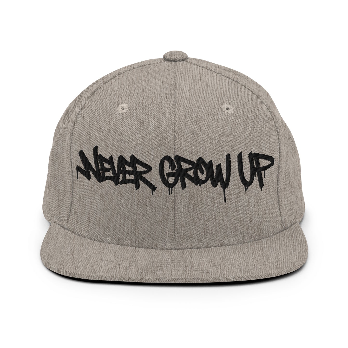 Gray-Never Grow Up Graffiti Snapback Hat from B.Different Clothing, front view, graffiti-inspired streetwear
