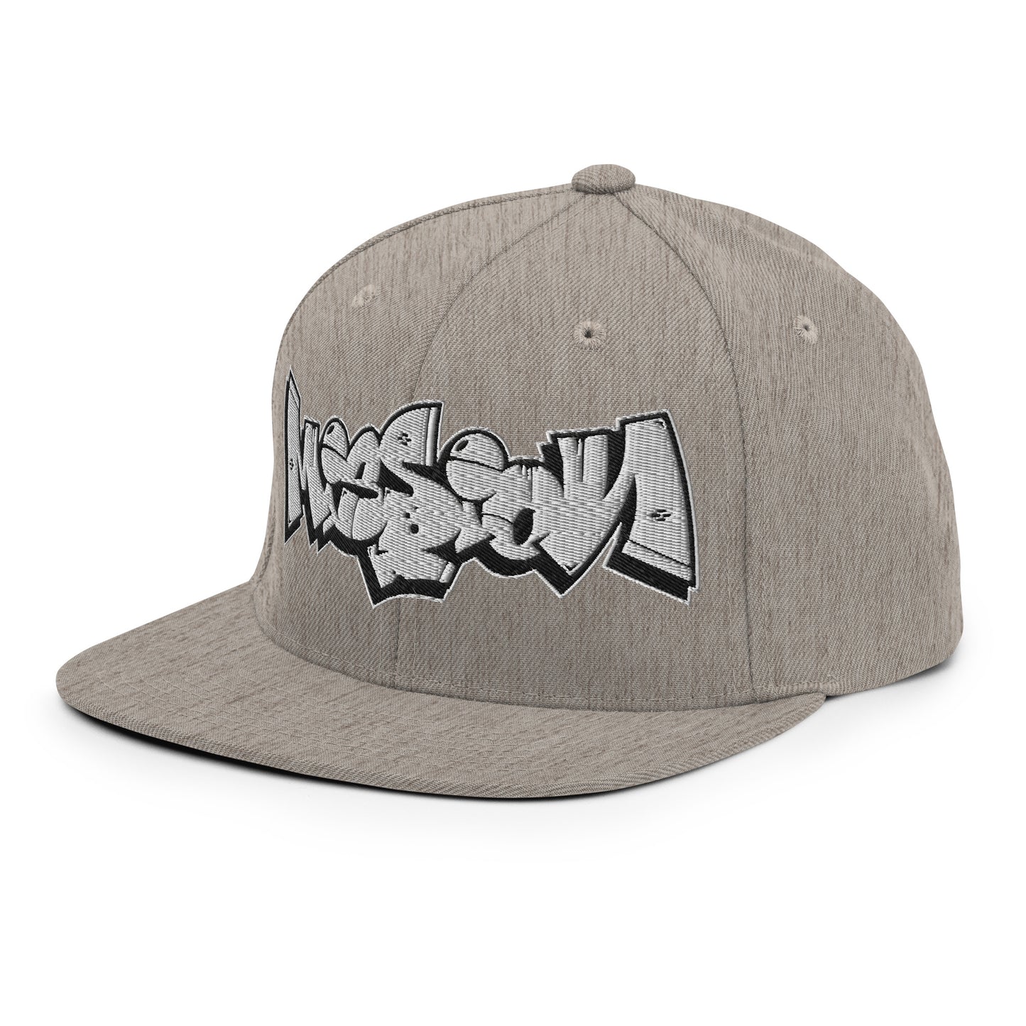 Gray-Mission Graffiti Piece Snapback Hat from B.Different Clothing, 3/4 left view, graffiti-inspired streetwear