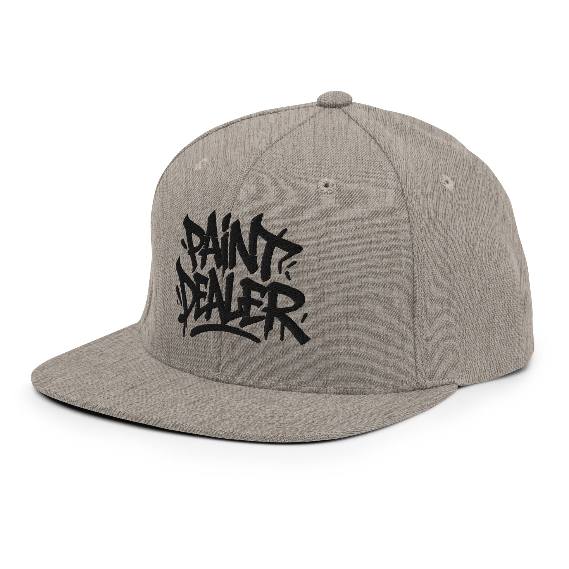 Gray-Paint Dealer Graffiti Tag Snapback Hat from B.Different Clothing, 3/4 left view, graffiti-inspired streetwear