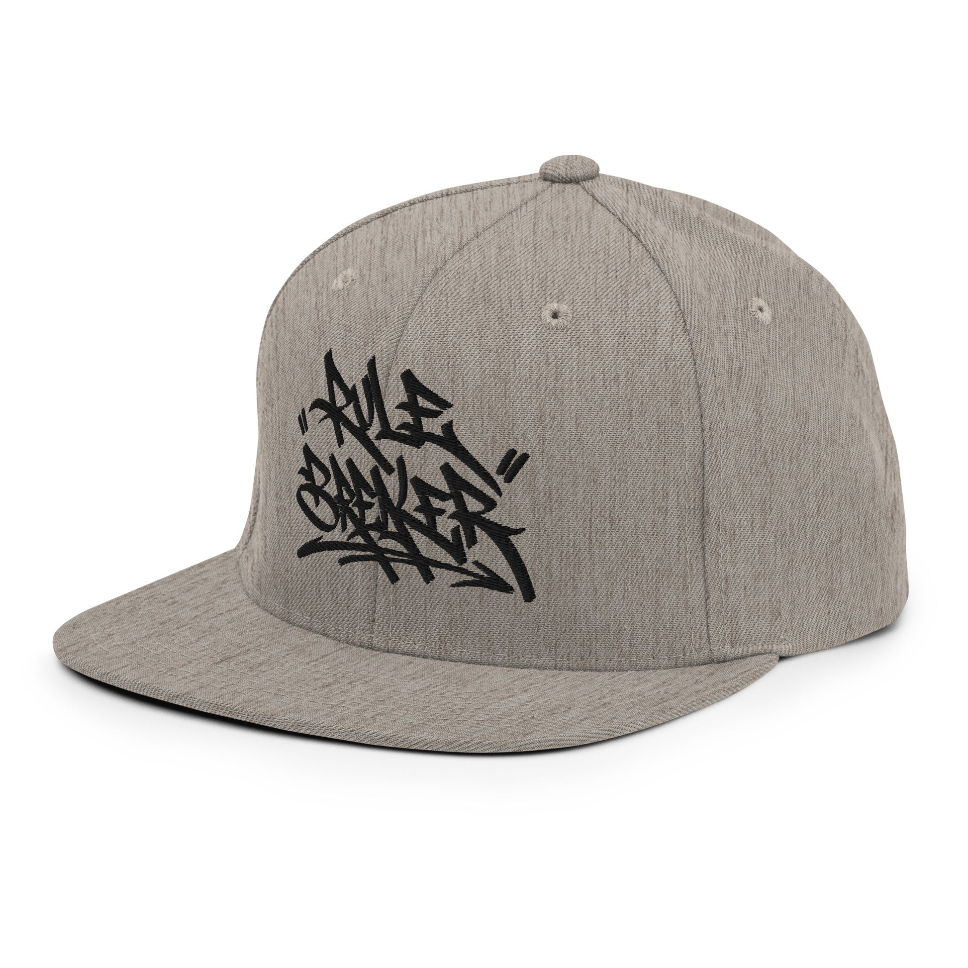 Gray-Rule Breaker Graffiti Tag Snapback Hat from B.Different Clothing, left front, graffiti-inspired streetwear