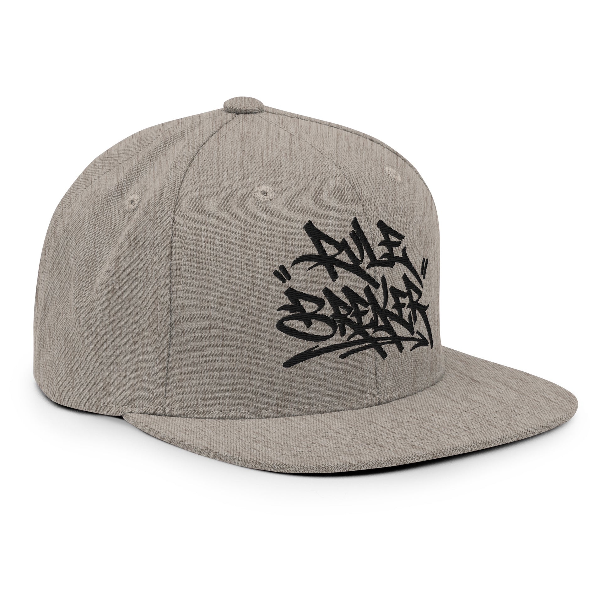 Gray-Rule Breaker Graffiti Tag Snapback Hat from B.Different Clothing, right front, graffiti-inspired streetwear