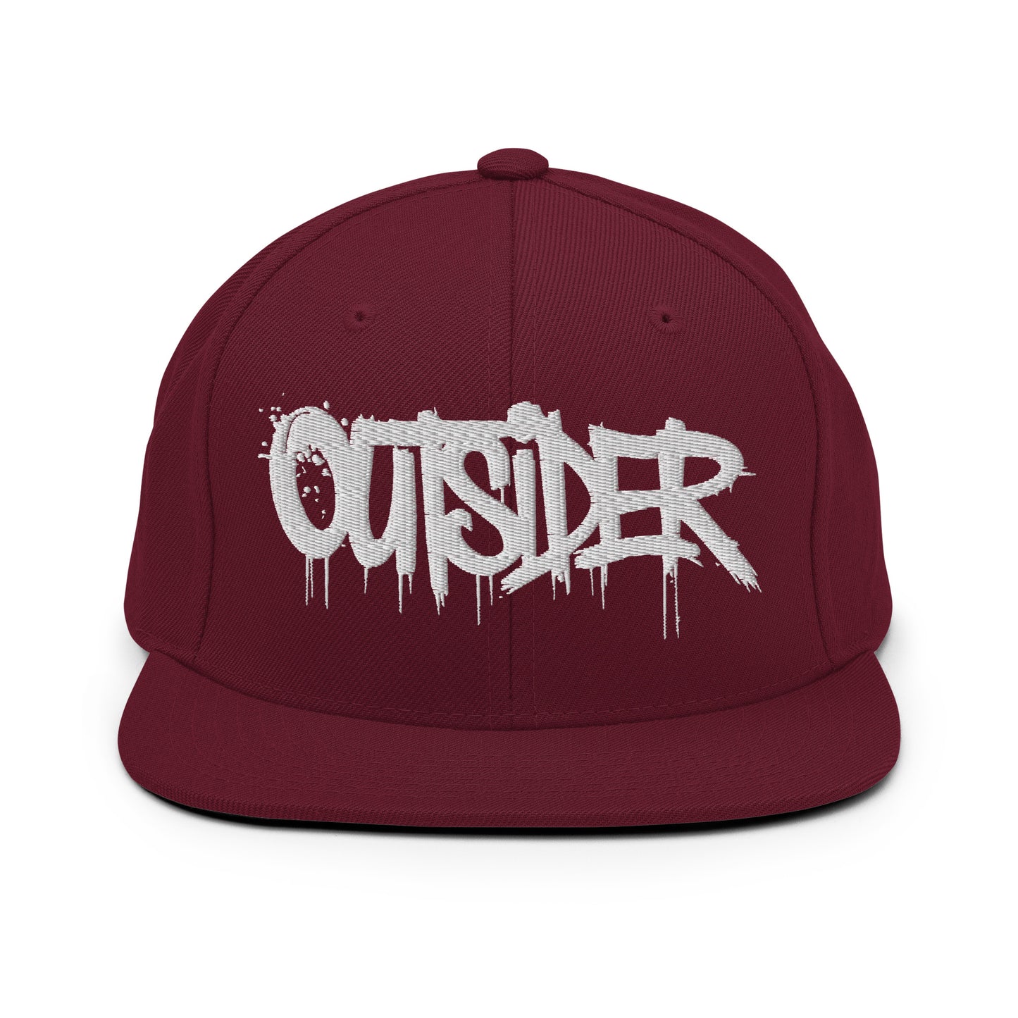 Maroon-Outsider Graffiti Tag Snapback Hat from B.Different Clothing, front view, graffiti-inspired streetwear