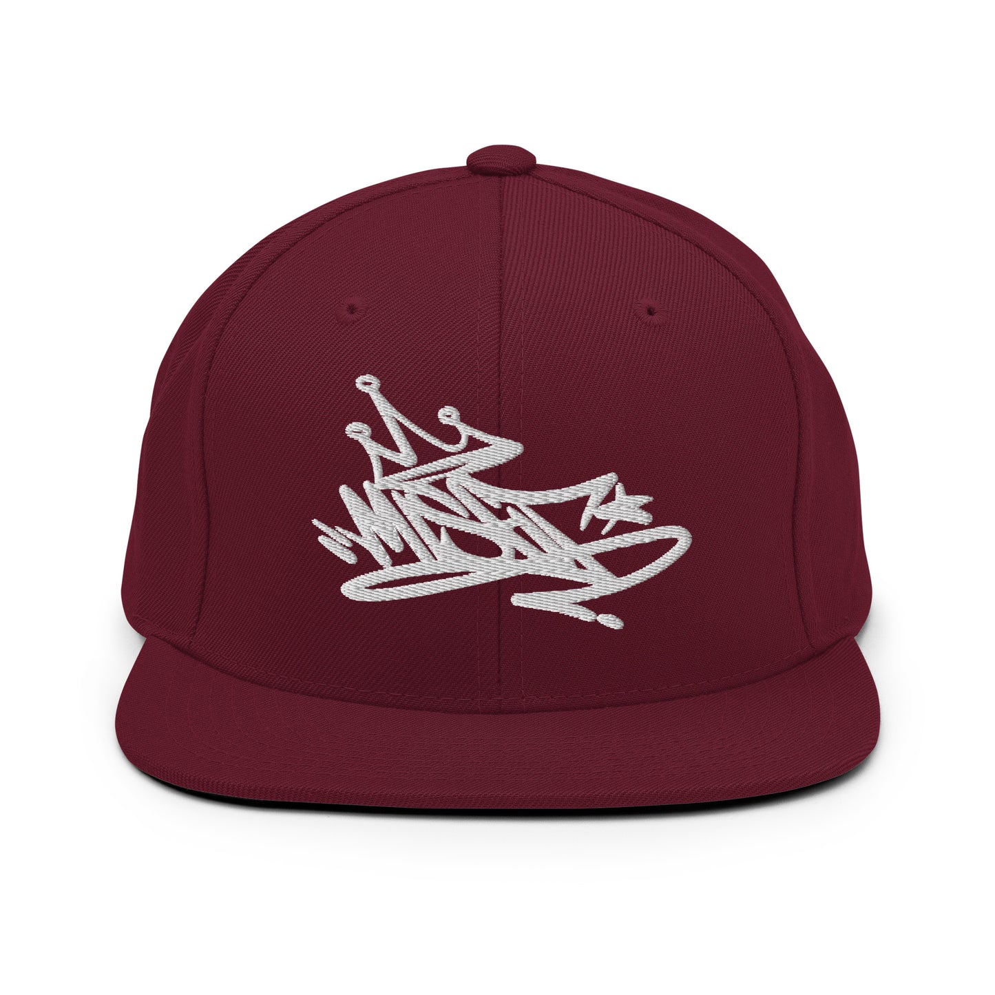 Maroon-Misfit Graffiti Tag Snapback Hat from B.Different Clothing, front view, graffiti-inspired streetwear