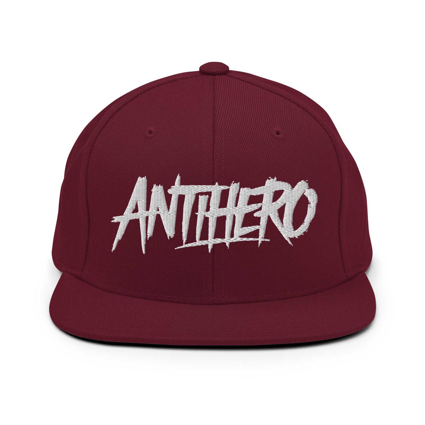 Maroon-Antihero Graffiti Tag Snapback Hat from B.Different Clothing, front view, graffiti-inspired streetwear