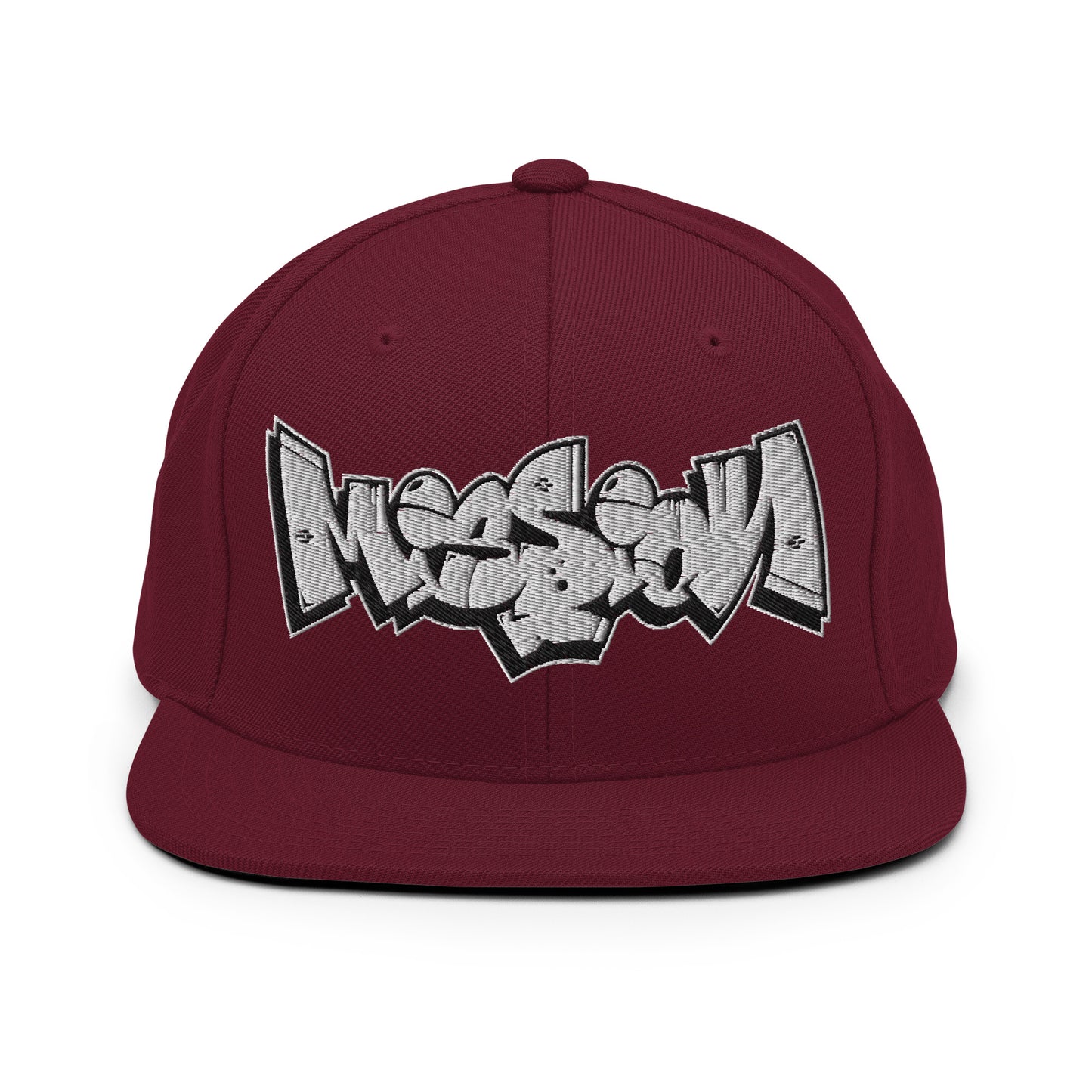 Maroon-Mission Graffiti Piece Snapback Hat from B.Different Clothing, front view, graffiti-inspired streetwear