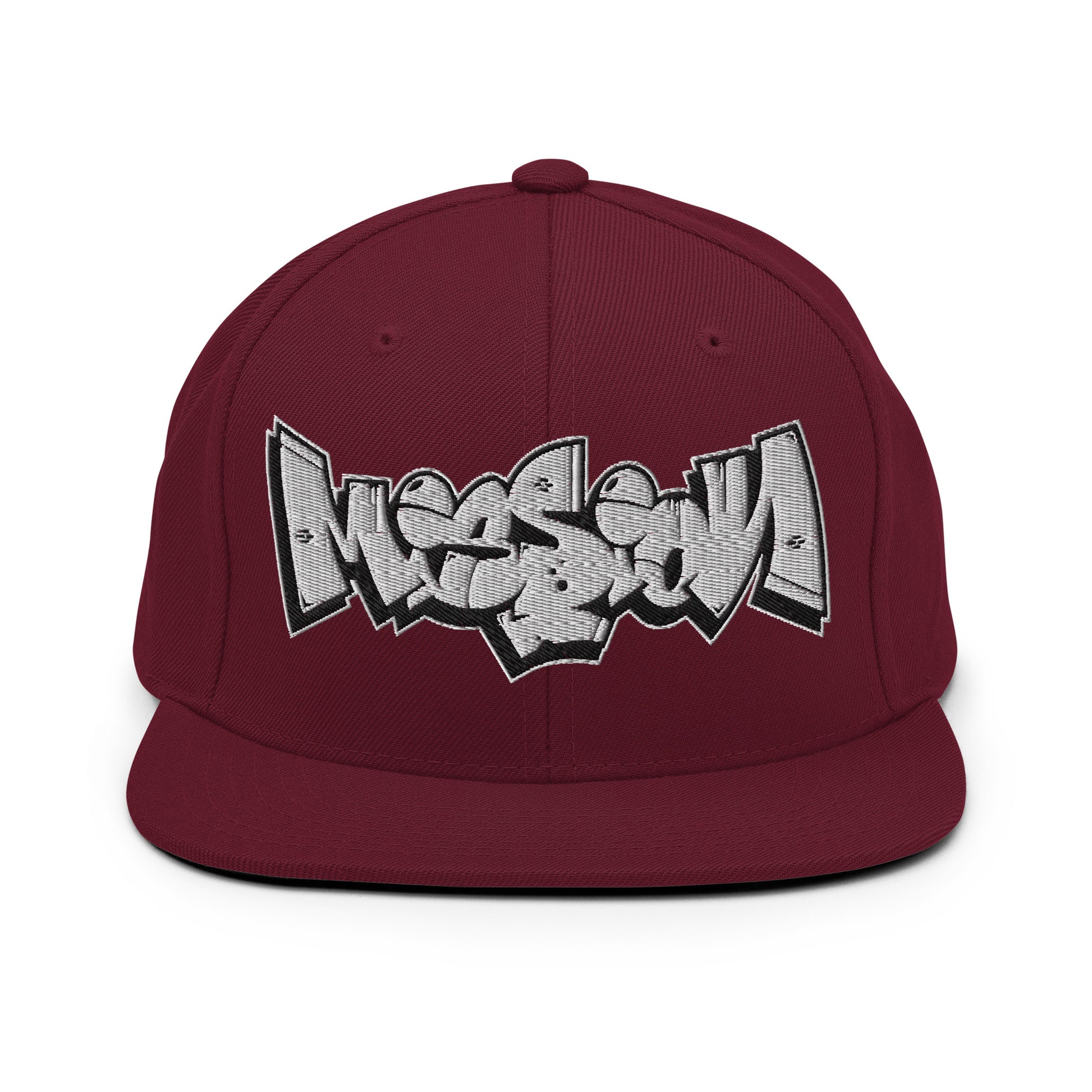 Maroon-Mission Graffiti Piece Snapback Hat from B.Different Clothing, front view, graffiti-inspired streetwear