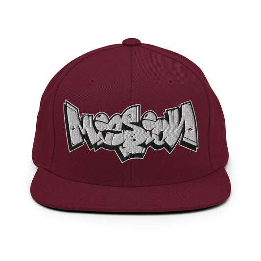 Maroon-Mission Graffiti Piece Snapback Hat from B.Different Clothing, front view, graffiti-inspired streetwear