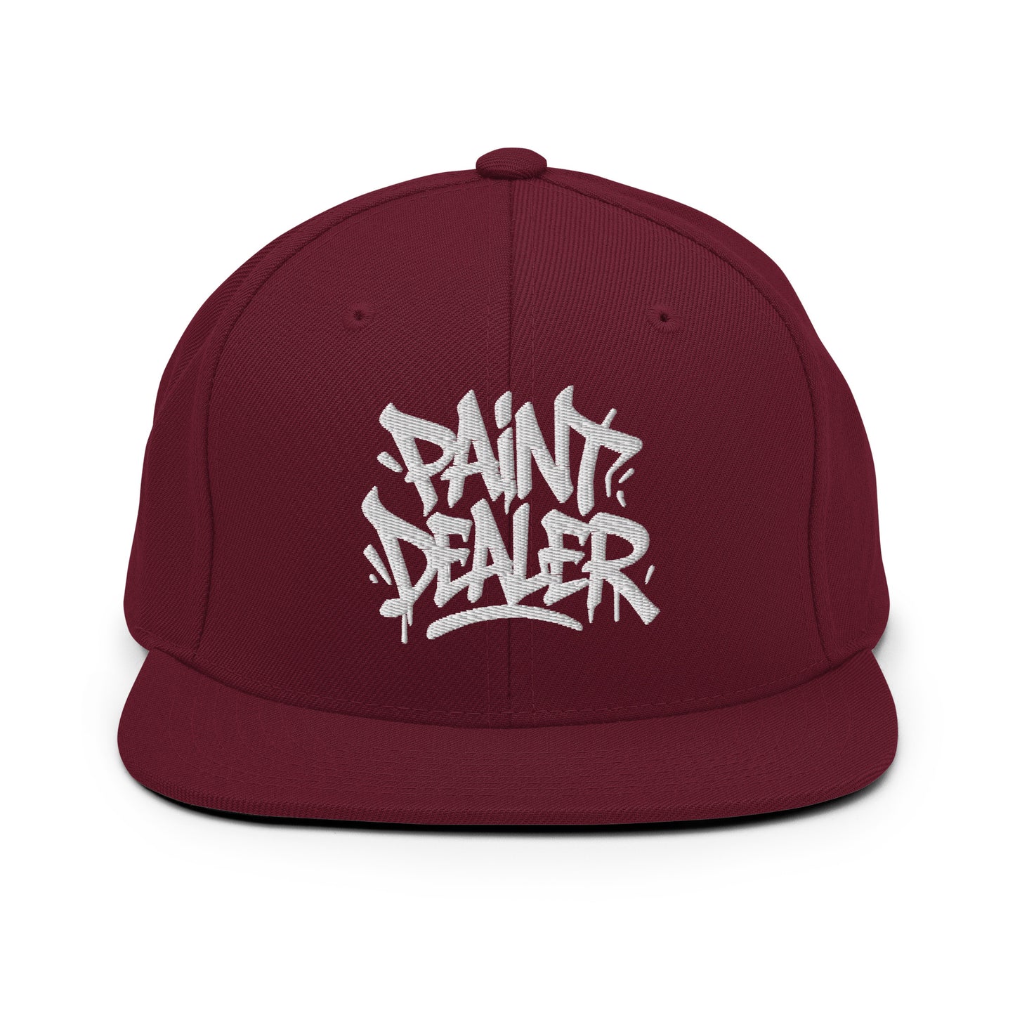 Maroon-Paint Dealer Graffiti Tag Snapback Hat from B.Different Clothing, front view, graffiti-inspired streetwear