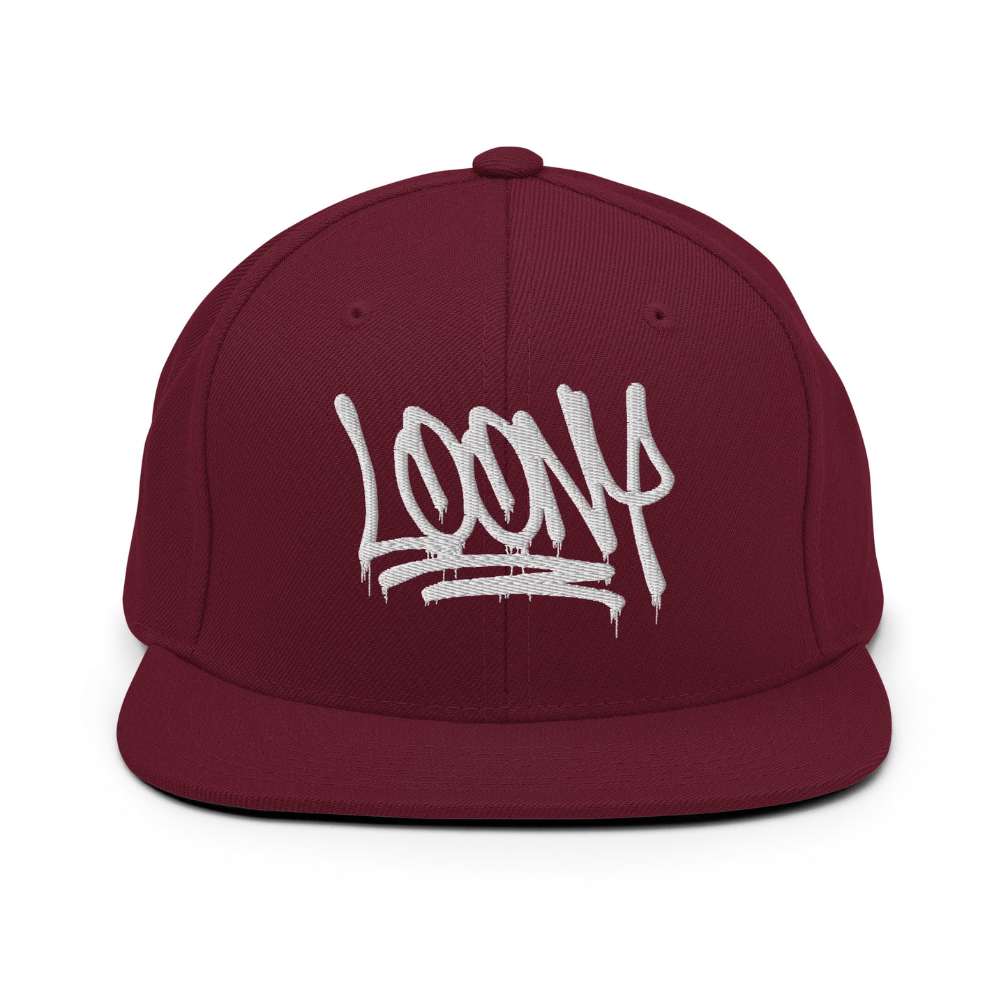 Maroon-Loony Graffiti Tag Snapback Hat from B.Different Clothing, front view, graffiti-inspired streetwear