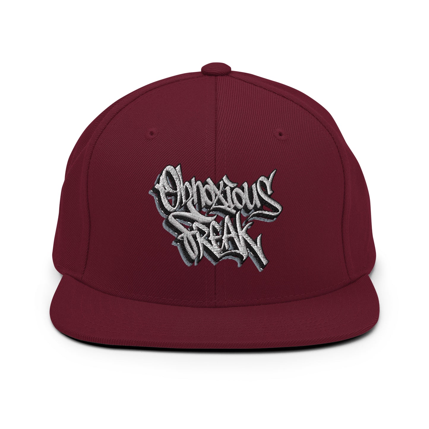 Maroon-Obnoxious Freak Graffiti Snapback Hat from B.Different Clothing, front view, graffiti-inspired streetwear