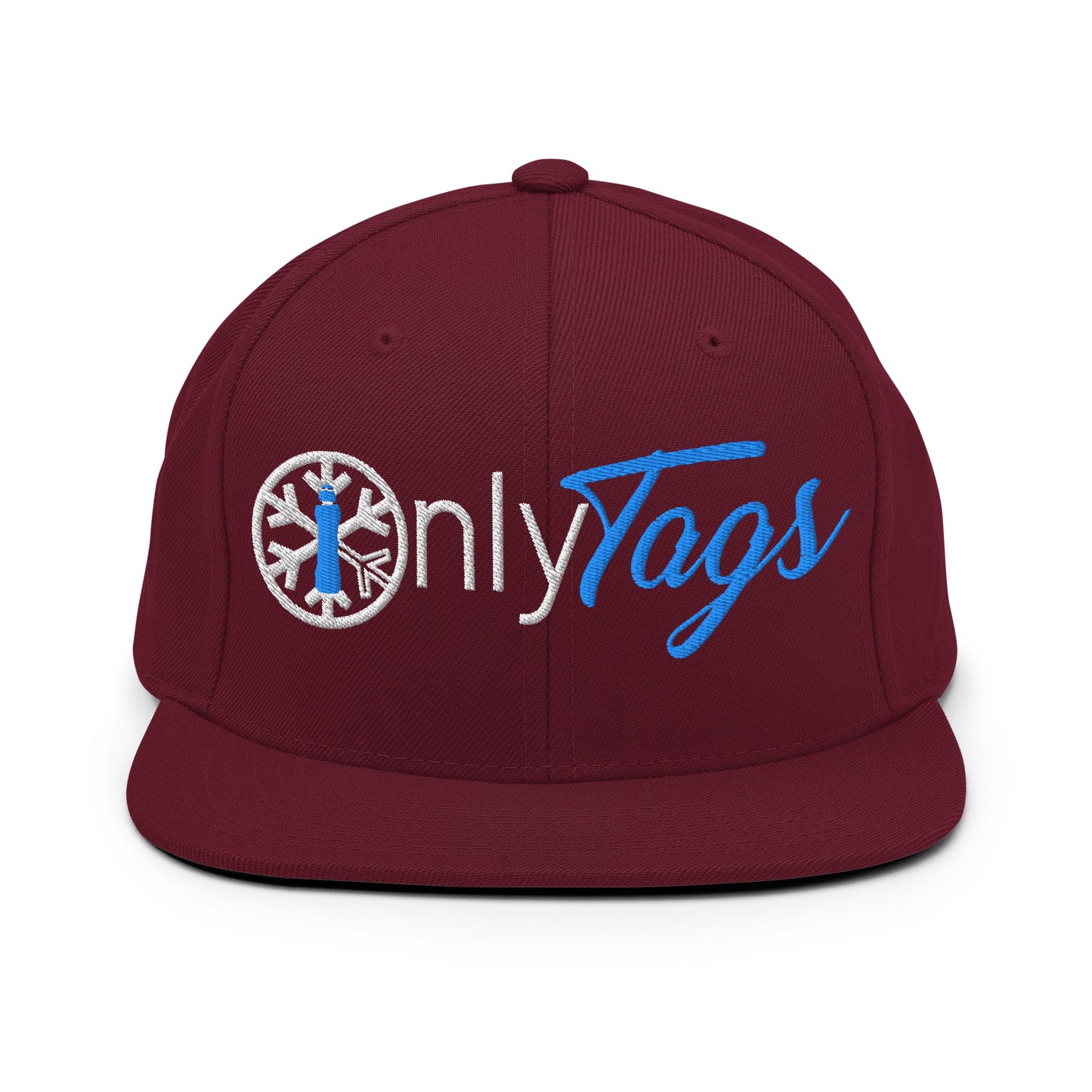 Maroon-Only Tags Graffiti Snapback Hat from B.Different Clothing, front view, graffiti-inspired streetwear