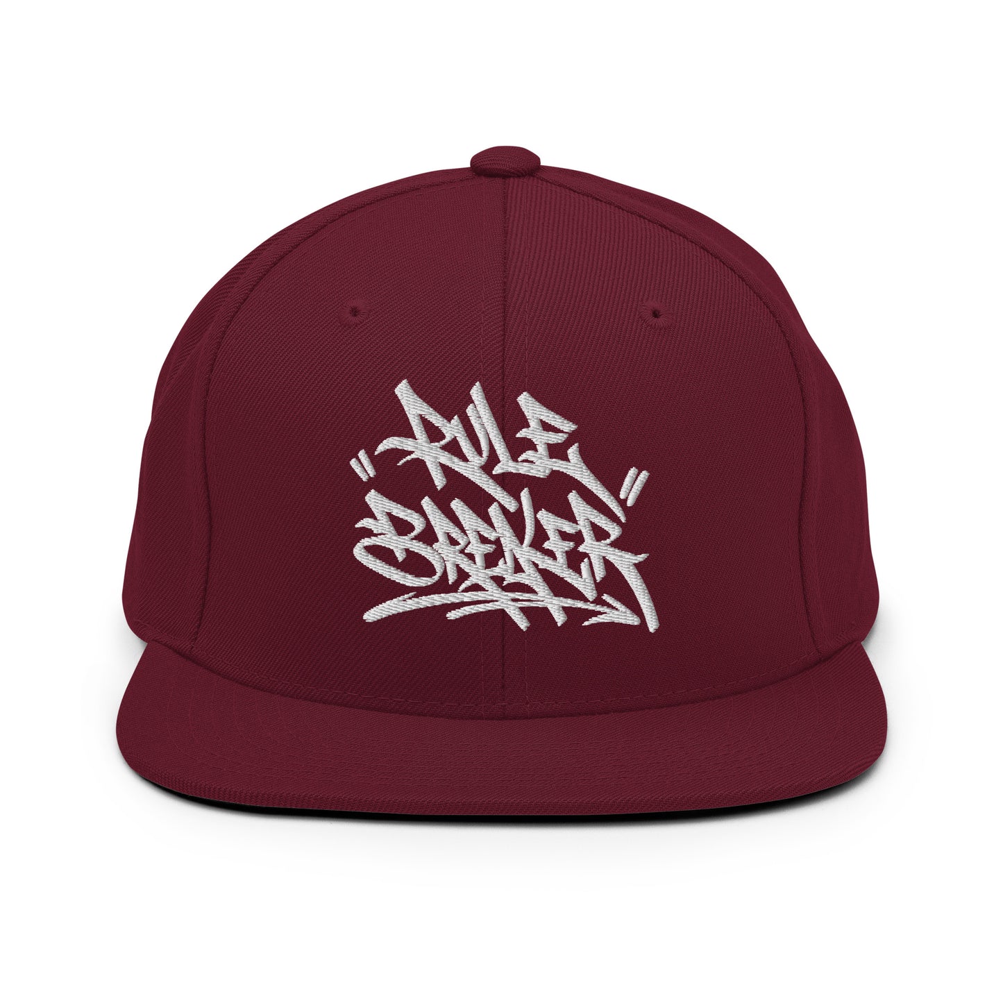 Maroon-Rule Breaker Graffiti Tag Snapback Hat from B.Different Clothing, front view, graffiti-inspired streetwear