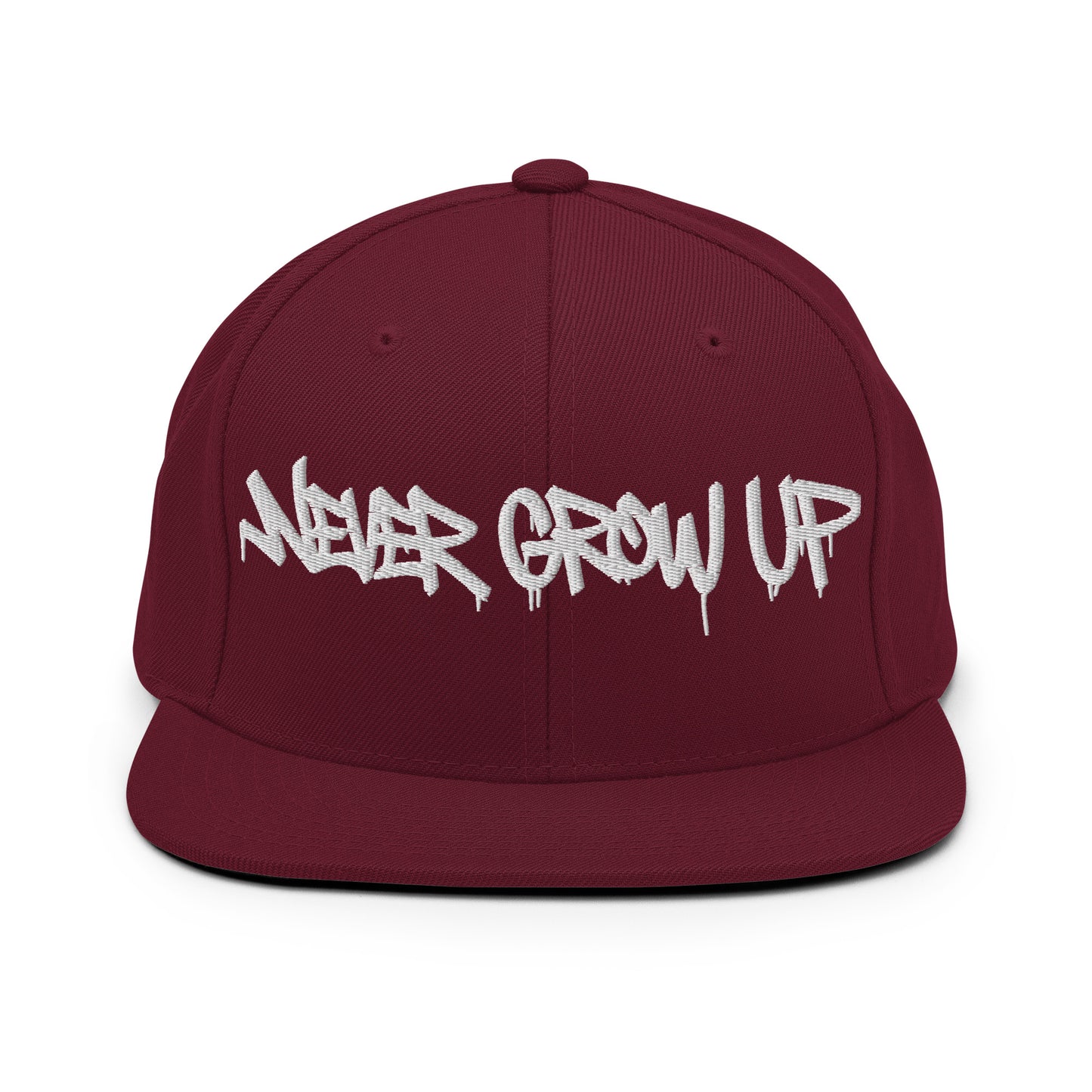 Maroon-Never Grow Up Graffiti Snapback Hat from B.Different Clothing, front view, graffiti-inspired streetwear