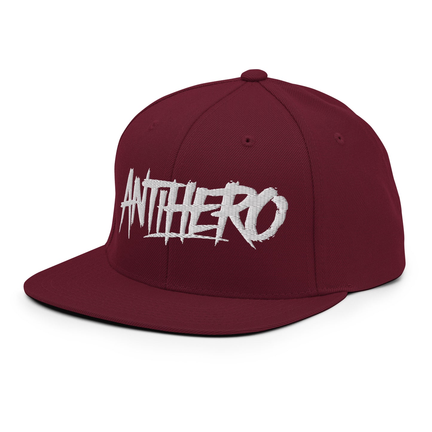 Maroon-Antihero Graffiti Tag Snapback Hat from B.Different Clothing, 3/4 left view, graffiti-inspired streetwear